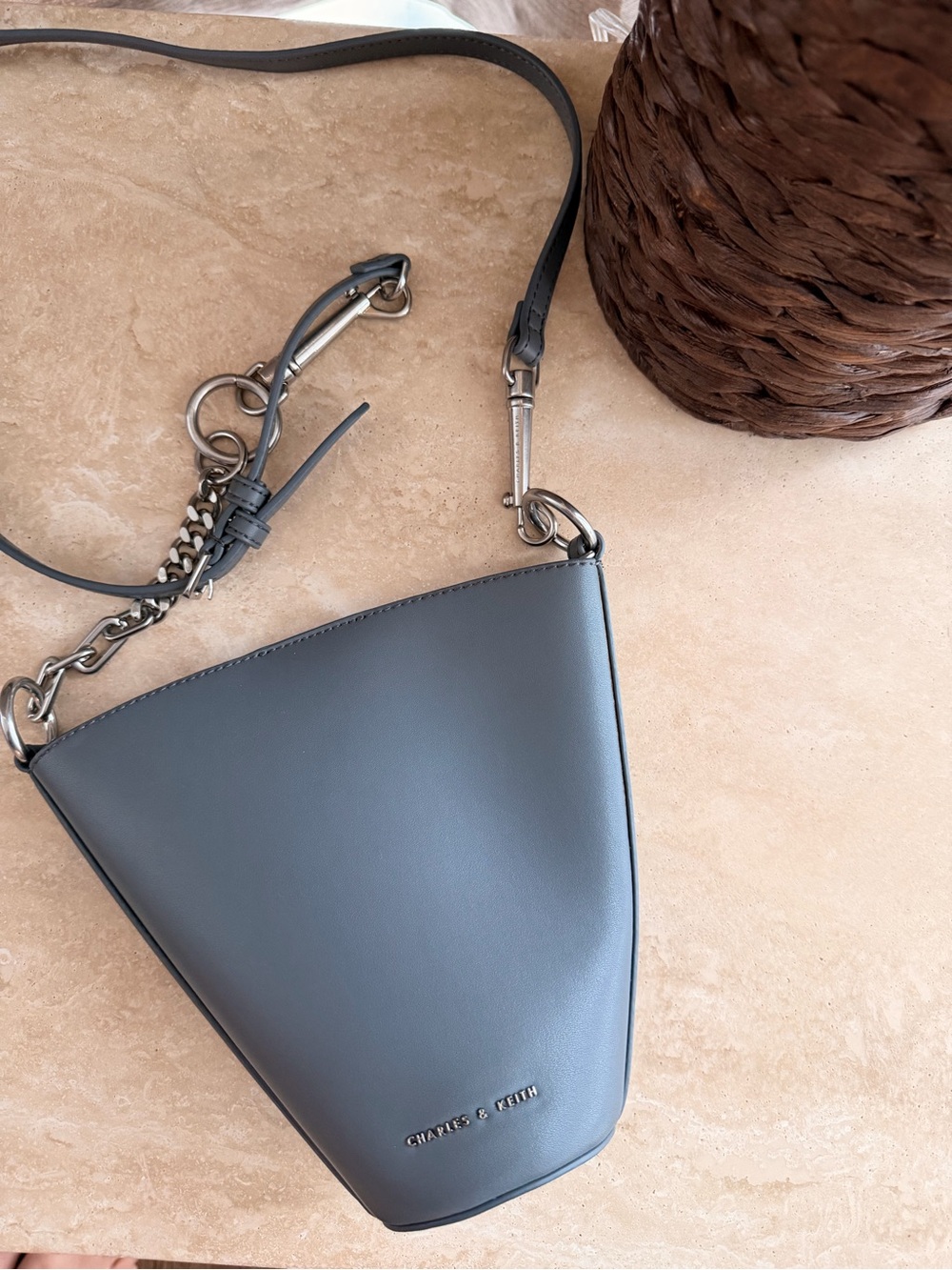 Charles & Keith Matte Slate Gray Bucket Crossbody